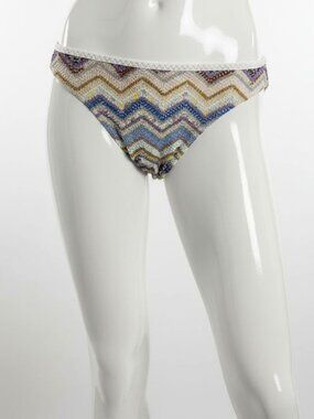 Missoni Women's White Blue Lined Zig-Zag Knit Bikini Bottom Swimwear Size 42